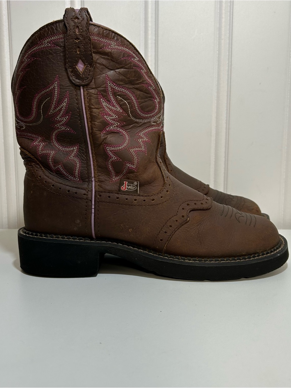 Justin Gypsy Brown leather western Cowboy Boots Pink Stitching women’s 8 L9903
